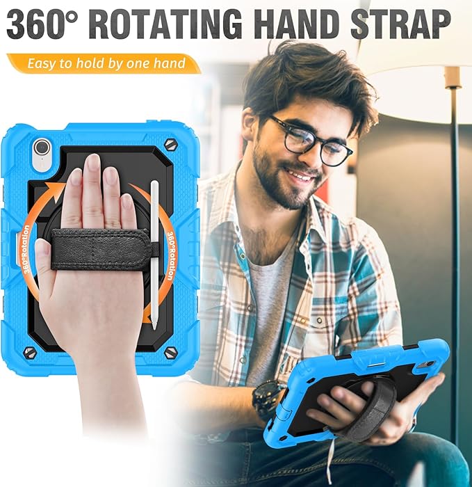 HXCASEAC Case for iPad mini 7 (A17 Pro) / iPad mini 6 Case 8.3 inch Full Body Protective with Pencil Holder Carrying Strap Hand Strap Protector Rotating Stand A2995 A2993 A2567 A2568 Light Blue