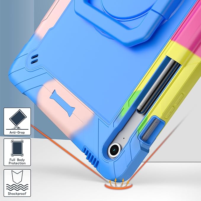 DETUOSI Case for Samsung Galaxy Tab S10 FE Plus 13.1 inch 2025 with Pencil Holder Heavy Duty Shockproof Case with Rotatable Stand &amp Shoulder Strap Camouflage Blue