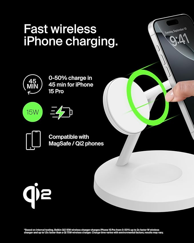 Belkin MagSafe-Compatible Charger 3-in-1 Wireless Charging Station Qi2-Certified 15W Wireless Charge for Apple iPhone 17 Series Apple Watch AirPods w/Non-Slip Base 40W Included - Black