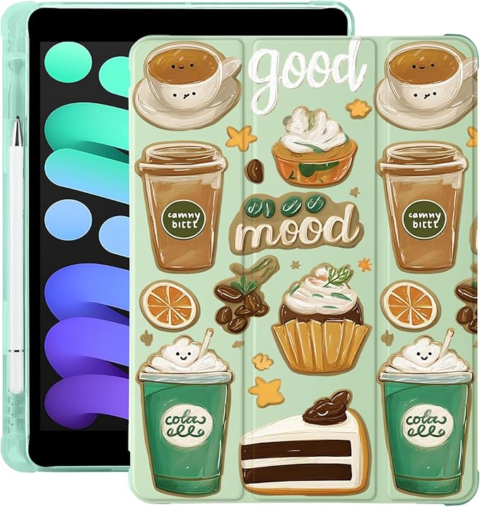 Cute Kawaii Coffee Cake for iPad Pro 13 Inch Case (M5/M4) 2025/2024 with Pencil Holder Auto Sleep/Wake Green Leather Soft TPU Back Cover