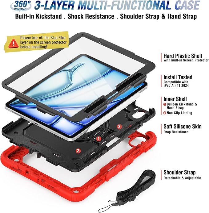 Herize Case Compatible with iPad Air 11 M3/M2 for Kids | Shockproof Case for iPad Air 7th/6th Generation 11 Inch 2025/2024 with Screen Protector Pen Holder Stand Hand/Shoulder Strap