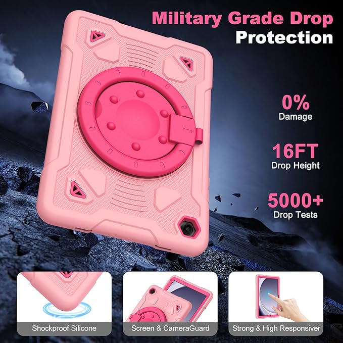 DreamerX for Samsung Galaxy Tab A11 Plus 2025 / A9 Plus 11 Inch 2023 Case Cute Silicone Shockproof Heavy Duty Kids Cover with Screen Protector Rotating Stand Handle Shoulder Strap for A11+/A9+ Pink