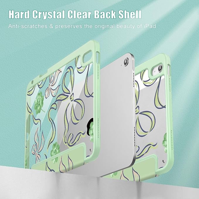 Case for iPad (A16) 11th Gen 11 Inch 2025 iPad 10th Gen 10.9 inch 2022 with Pencil Holder Slim Printed Stand Protective Cover with Hard PC Translucent Back Shell Cover Clover Bows