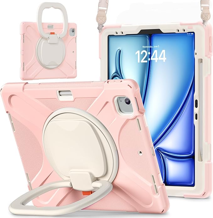 MEEgoodo Case for iPad Air 13 inch 2025 (M3) /2024 (M2) &amp iPad Pro 12.9 Case 6th/5th/4th/3rd Generation 2022 2021 2020 2018 Tablet Cover with Pencil Holder/Rotating Stand/Shoulder Strap Rose Gol
