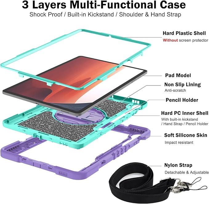 Tablet Case Compatible with Samsung Galaxy Tab S10 FE Plus 13.1 Inch 2025 Model (SM-X620/X626) CaseHeavy Duty Shockproof Rugged Protection Cover Stand &ampHand Strap+Shoulder Strap(Purple)