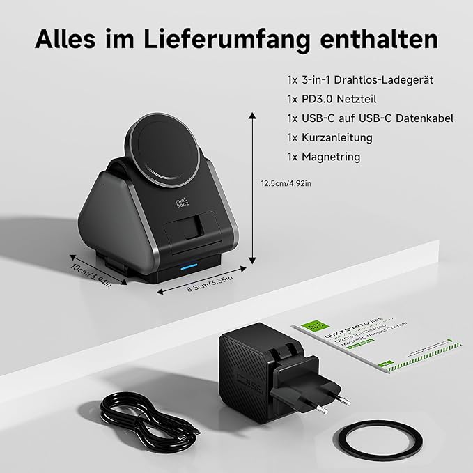 3 in 1 Charging Station Mag Safe Wireless Charger Stand Qi2-enable 15W Multiple Device Magnetic Charging Station for iPhone 1615141312 Series Apple Watch AirPods (USB-C Charger Included)