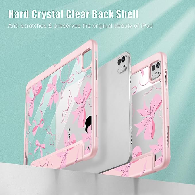 May Chen Case for iPad Pro 11-Inch M5/M4 2025/2024 (6th/5th Generation) Clear Transparent Print Back Shell Slim Stand Shockproof Tablet Cover Auto Wake/Sleep Pink Bows P631