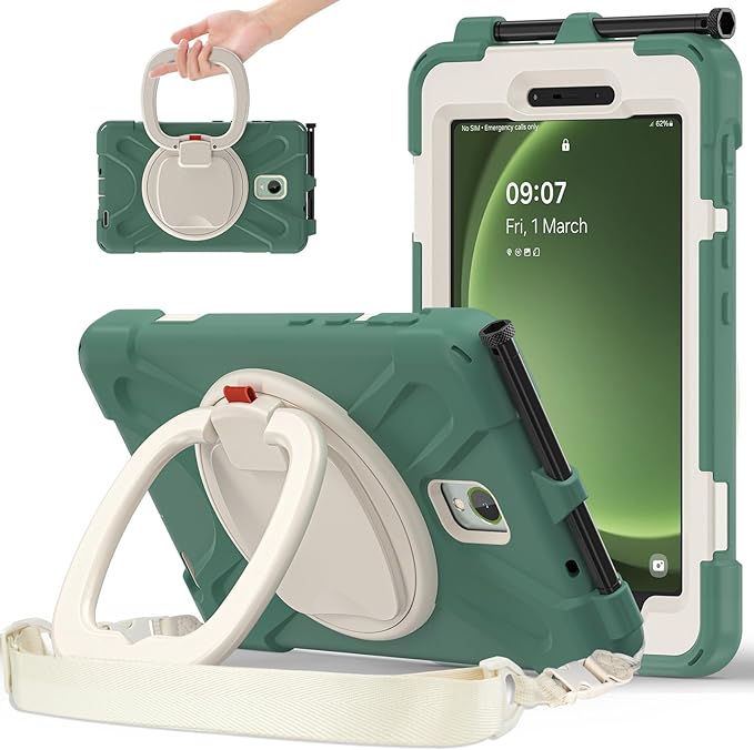 Rugged Case for Samsung Galaxy Tab Active5 5G (SM-X306B/X300) w/ 360° Rotating Hanging Ring Handle Grip Kickstand Heavy Duty Shock-Proof Armor Cover w/Shoulder Strap Stylus Holder (Green)