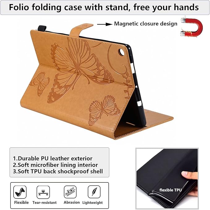 Kindle Fire HD 10 Tablet 2019/2017 Case 9th/7th Generation 10.1 with Pencil Holder Pockets [Auto Sleep/Wake] Folio Stand Embossed PU Leather Magnetic Smart Wallet TPU CoverYellow Butterfly