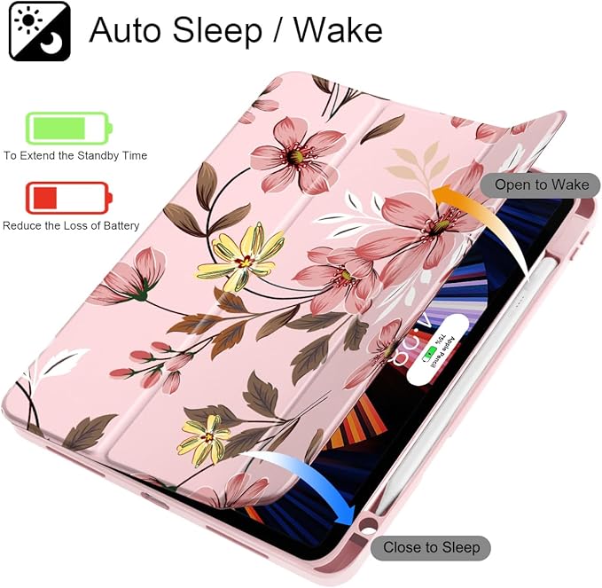 Mektron Case for iPad Pro 11 inch (4th 3rd 2nd &amp 1st Gen) 2022 2021 2020 2018 Buit in Pencil Holder with Shockproof Cover Clear Shell + Trifold Stand + Auto Wake/Sleep Floral C293