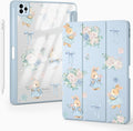 Cute Kawaii Bunny Flower Bow for iPad Air 11 Inch Case 7th/6th Generation (M3/M2) 2025/2024 with Pencil Holder Auto Sleep/Wake Blue Leather Clear Acrylic Back Cover