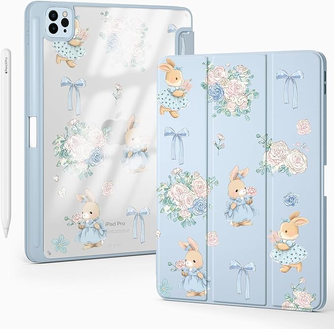 Cute Kawaii Bunny Flower Bow for iPad Air 11 Inch Case 7th/6th Generation (M3/M2) 2025/2024 with Pencil Holder Auto Sleep/Wake Blue Leather Clear Acrylic Back Cover