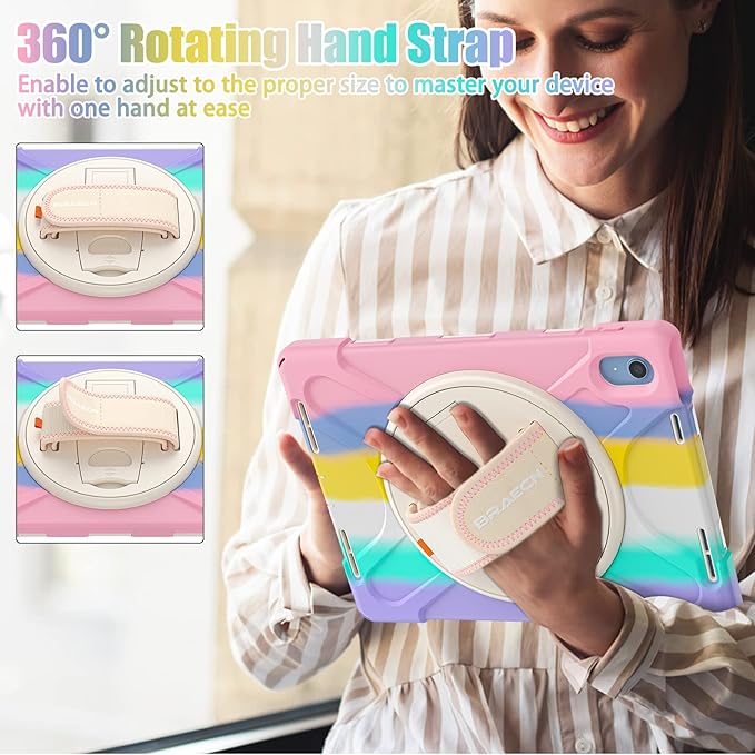 BRAECNstock Kids Case for Apple iPad (A16) 11th/10th Generation Case 11/10.9 2025/2022 Shockproof Protective with Screen Protector Pencil Holder [360°Rotating Stand+ Hand Strap] Colorful Pink
