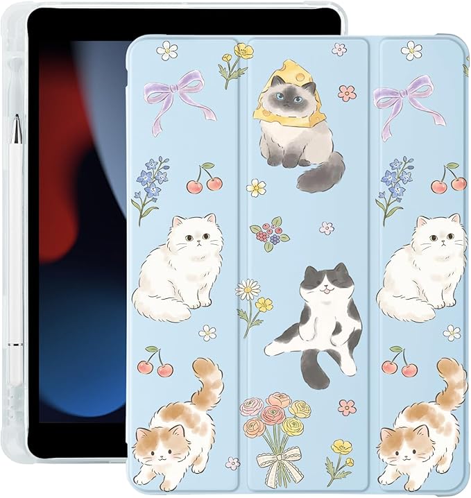 Cue Kawaii Kitten Cat Flower for iPad Pro 13 Inch Case (M5/M4) 2025/2024 with Pencil Holder Auto Sleep/Wake Blue Leather Soft TPU Back Cover