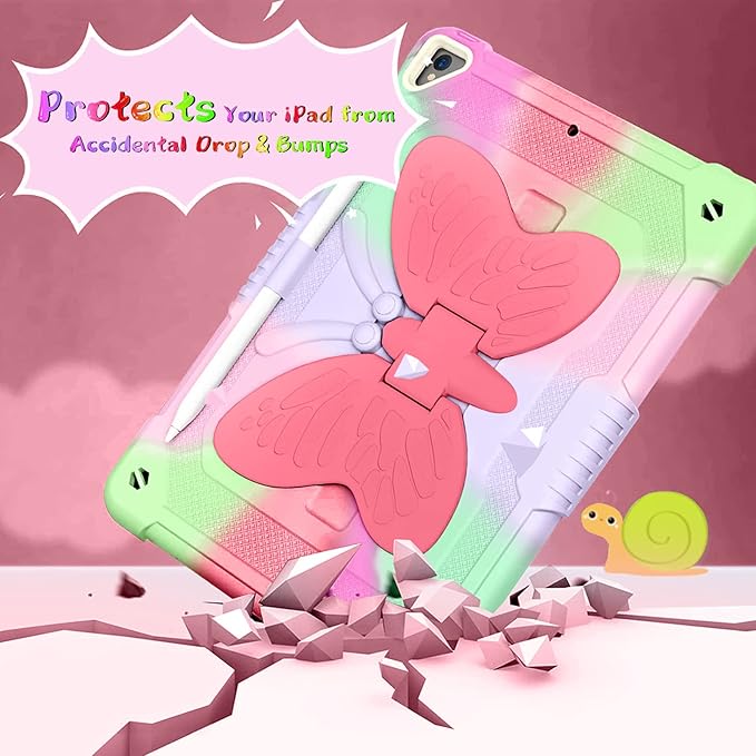 Ambison Case for iPad 9th/8th/7th Generation 10.2 inch with Glass Screen Protector Rugged Shockproof Protective Cover for Kids Girls Butterfly Stand Shoulder Strap for iPad 2021/2020/2019-Rose Red