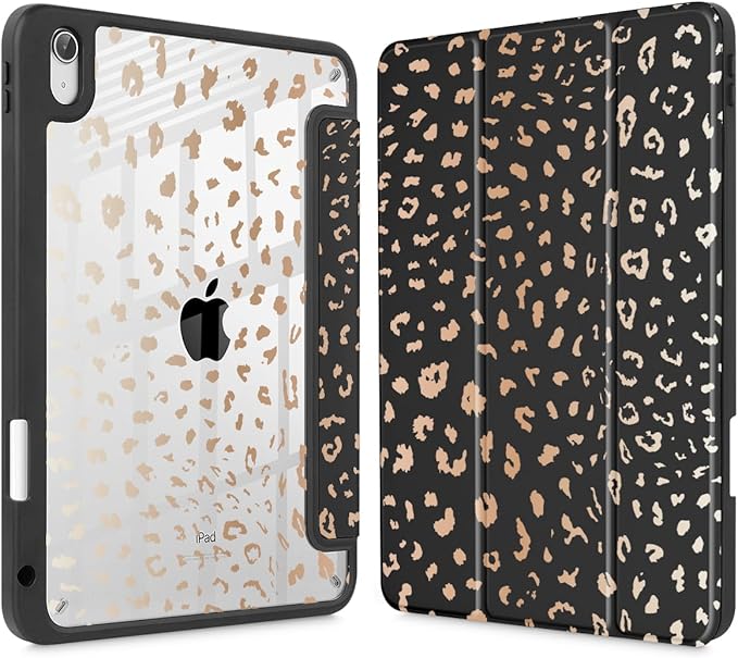 May Chen Case for iPad Air 13 Inch M4 2026 M3 2025 M2 2024 [Built-in Pencil Holder] Shockproof Cover with Clear Transparent Back Shell Auto Sleep/Wake Cover Leopard Print