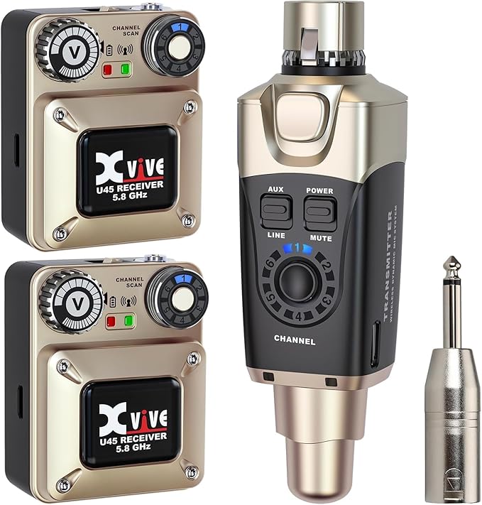 Xvive U45R2 Wireless in Ear Monitor System 5.8ghz IEM System 1 Transmitter and 2 Bodypack Receiver for Studio Band Rehearsal Live Performance Channel Scan Mode