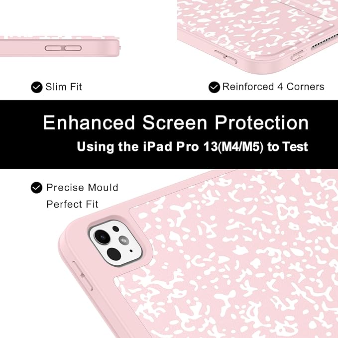 Soke Case for New iPad Pro 13 Inch (M5/M4 2025/2024 Release) with Pencil Holder Trifold Stand Shockproof [Support Apple Pencil Charging + Auto Wake/Sleep] Soft TPU Back Cover Book Pink
