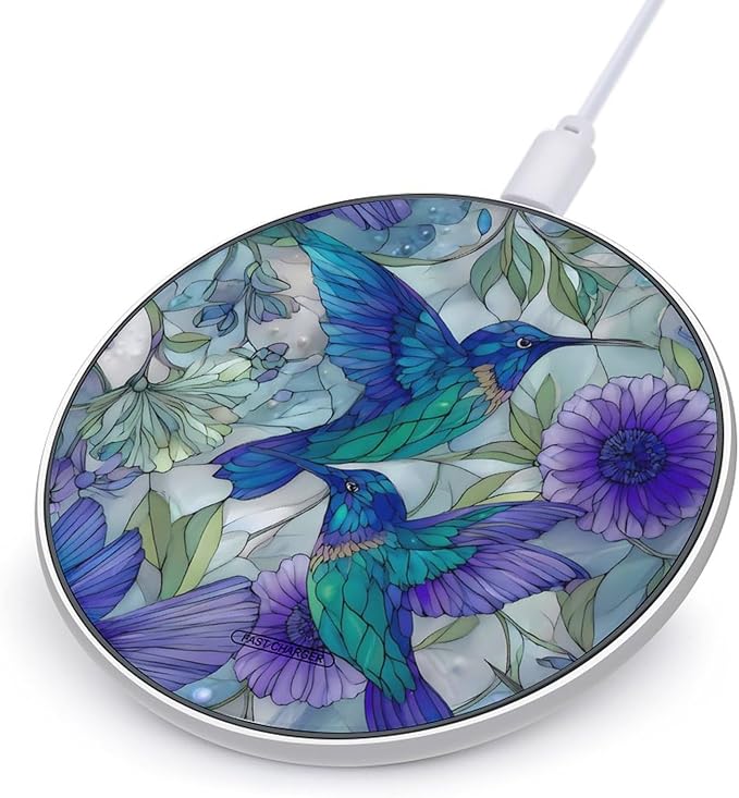 Hummingbirds Stained Glass Flowers Pear Fast Portable Charger 10W Funny Graphic Phone Charging Pad with USB Cable