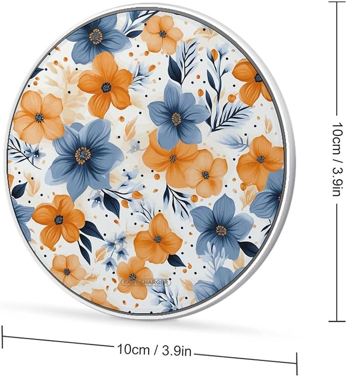 Blue and Orange Flowers on White Background Wireless Charger Fast Wireless Charging Pad with USB Cable 10W Anti-Slip Magnetic Wireless Charger Portable Slim Charger Puck Travel Charging Station