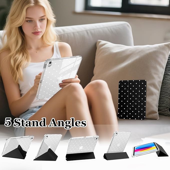 Cute White Polka Dot for iPad Pro 11 Inch Case (M5/M4) 2025/2024 with Pencil Holder Auto Sleep/Wake Black Leather Acrylic Back Detachable Cover