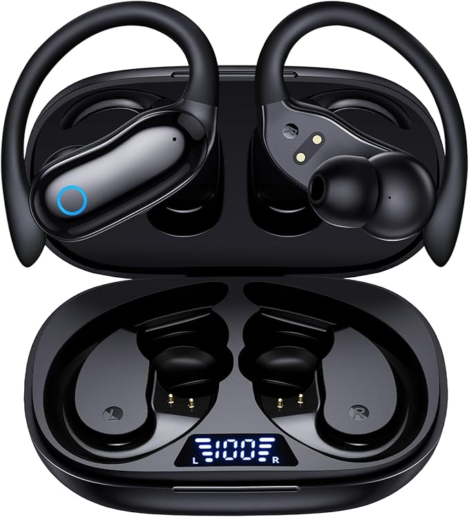 GNMN Active Noise Cancelling Ear Buds Wireless Earbuds 96hrs Playback Bluetooth Headphones Dual Battery Display Stereo Bass Earphones with Earhooks Microphone IPX7 Waterproof for Sports/Workout