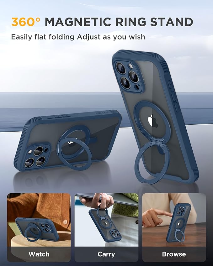 Miracase for iPhone 16 Pro Max Case with 360° Magnetic Ring Stand [Compatible with Magsafe] Full-Body Drop Proof Bumper Phone Case with Built-in 9H Tempered Glass Screen ProtectorBlue