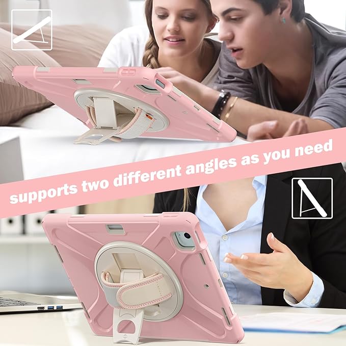 for iPad Air 13-inch M2 (2024) A2898/A2899 for iPad Pro 12.9 Rugged Case Portable Heavy Duty Shock-Proof Armor Cover with Swivel Kickstand/Hand Grip Shoulder Strap Pencil Holder (Pink)
