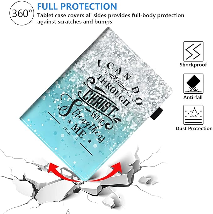 Case for Amazon Kindle Fire HD 10 Tablet 10.1 (9th/7th Generation 2019/2017 Release) Premium PU Leather Stand Cover with Smart Auto Wake Blue Background Quote Bible Verse Phil 4:13