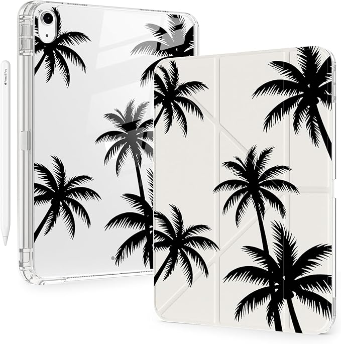 Cute Black Palm Tree for iPad Pro 11 Inch Case (M5/M4) 2025/2024 with Pencil Holder Auto Sleep/Wake White Leather Acrylic Back Detachable Cover