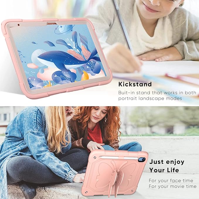 Dteck iPad A16/10th Generation 2025/2022 Case with Kickstand Butterfly Wings Pencil Holder Heavy Duty Hard Rugged Protective Kids Girls Cover for iPad 10th Gen 10.9 Inch 2022Pink