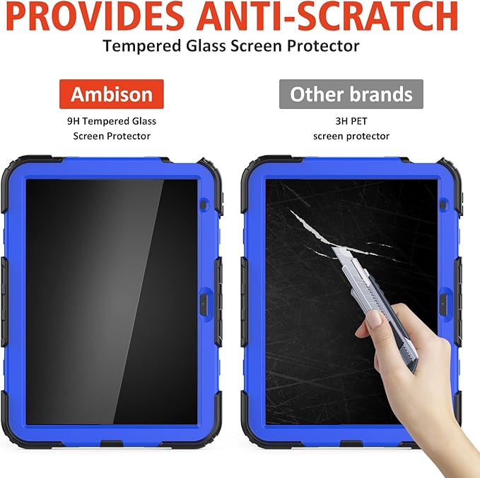 Ambison Case for iPad (A16) 11th/10th Generation 11''/10.9'' 2025/2022 [Kid Proof] Full Body Protective Case with 9H Tempered Glass Screen Protector 360° Rotatable Kickstand &amp Hand Strap (Blue)