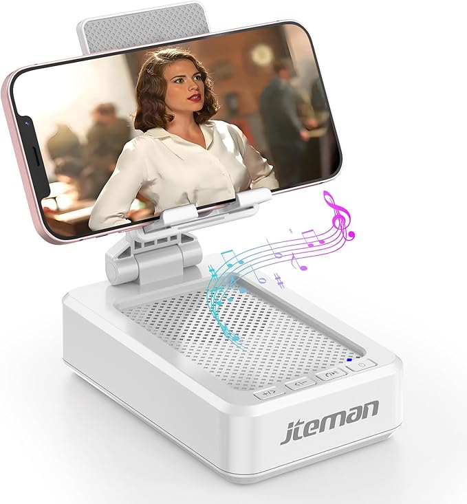 JTEMAN Portable Phone Stand with Speaker Bluetooth WirelessGifts for Men WomenBirthday for WomenKitchen Gadgets for MenPhone Holder for Desk - White