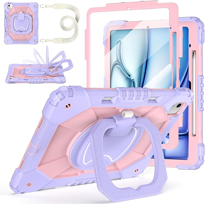 Case for iPad Air 13 Inch Case M4 2026/M3 2025/ M2 2024 Auorld for iPad Air 13 Inch Case M4 2026 Case with Screen Protector 360 Degree Rotating Stand Shoulder Strap Pencil Holder Purple Pink