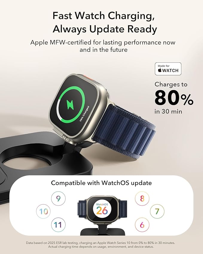 ESR 3 in 1 Charging Station for Apple Qi2.2 25W MagSafe Charger with CryoBoost Phone-Cooling Wireless Charging Station Foldable for iPhone 17/16 with iOS 26(50W Adapter) AirPods Apple WatchBlack