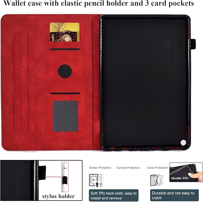 Folio Case for Amazon Kindle Fire HD 8/Fire HD 8 Plus (12th/10th Generation 2024/2022/2020) 8 with Stand/Pencil Holder [Auto Sleep/Wake] Embossed PU Leather Smart Cover Red Butterfly Flower