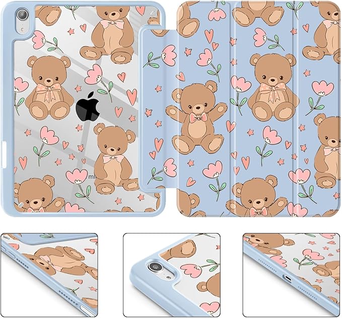 May Chen Slim Case for iPad mini 7 (A17 Pro 7th Generation) 2024 / iPad mini 6 (6th Gen) 8.3 Inch [Built-in Pencil Holder] Shockproof Cover Clear Clear Back Shell Auto Wake/Sleep Cute Teddy Bear
