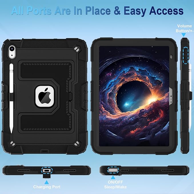 WESOROL Case for iPad A16 11th Generation 11 Inch (2025) iPad 10th Generation 10.9 Inch (2022)i Pad A16 Case Military Grade Shockproof Cases with Pencil Holder Shoulder StrapBlack