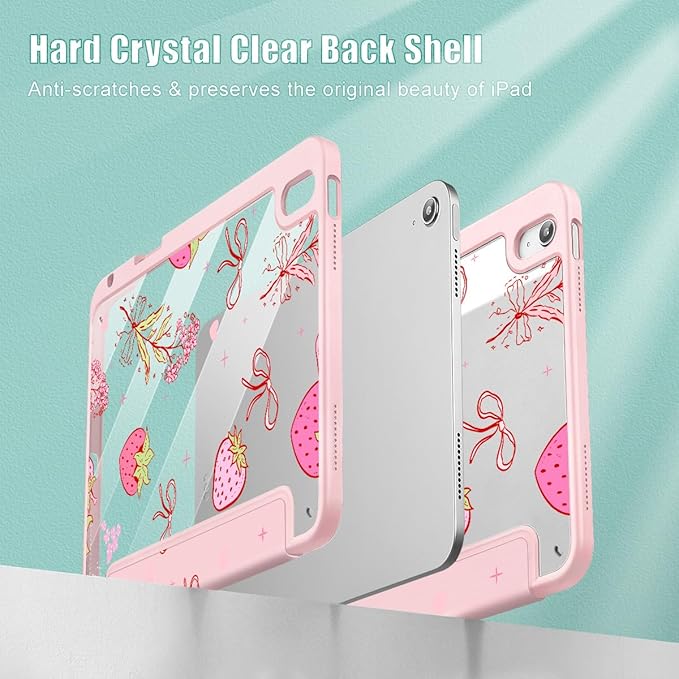 May Chen for iPad Air 11-inch M4/M3/M2 (2026/2025/2024) iPad Air 5th/4th 10.9 Inch - Shockproof Cover with Clear Back Shell &amp Penceil Holder Auto Wake/Sleep Stand Cover Strawberry Bow