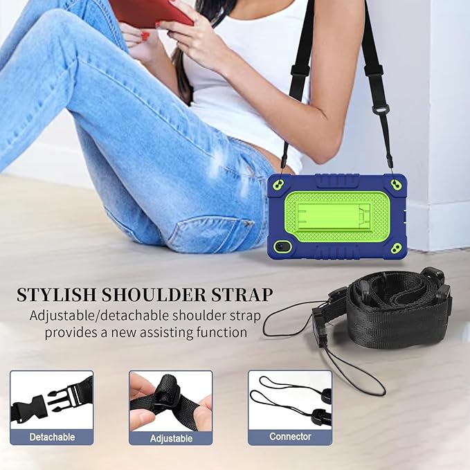 Shockproof Case for Walmart Onn 7 inch Tablet Case (2024 Model 100135924) Rugged Kids Friendly Case with Screen Protector Shoulder Strap Kickstand for Onn 7 4th Gen 2024 Model (Navygreen+2Pcs)