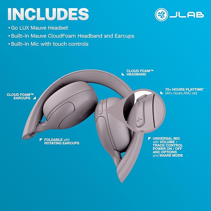 JLab Go Lux ANC Wireless Headphones Mauve Hybrid Active Noise Cancelling Premium On-Ear Bluetooth Headset Customizable Sound Be Aware Mode Cloud Foam Comfort Multipoint Connection