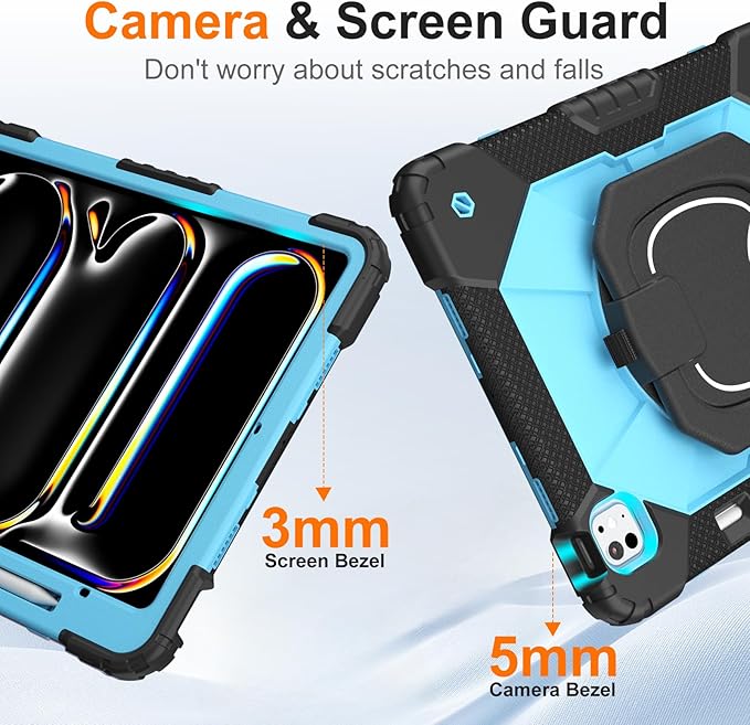 Case for iPad Pro 13 Inch M5 2025 / M4 2024 Auorld for iPad Pro 13 Inch M5 2025 with Screen Protector 360 Degree Rotating Stand Shoulder Strap Pencil Holder Black Blue