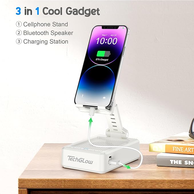 TechGlow Foldable Cellphone Stand with Bluetooth Speaker and Charging Function Birthday Gifts for Men Women Mother Father Brother Sister Teens Cool Tech Gadgets-White