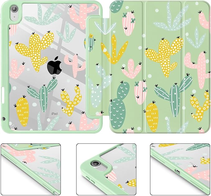 Case for iPad 11 inch A16 2025 Generation 11th / iPad 10.9 inch 2022 10th Gen Buit in Pencil Holder with Shockproof Cover Clear Transparent Back Shell Auto Wake/Sleep Cute Cacti-Green