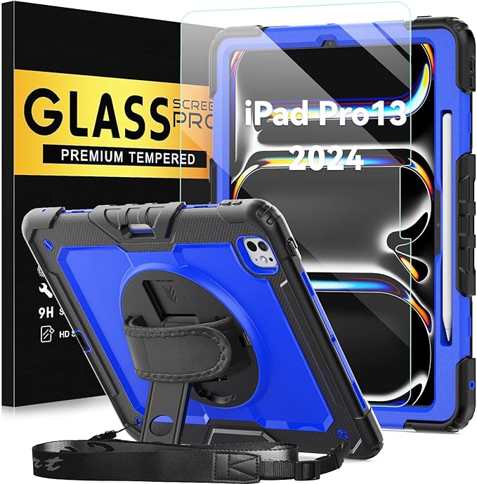 BLOSOMEET Protective Case for iPad Pro 13 Inch M4 with Tempered Glass Screen Protector &amp Pencil HolderBlue Fashionable Cover for 2024 iPad Pro 13 with Stand Hand Strap Shoulder Strap