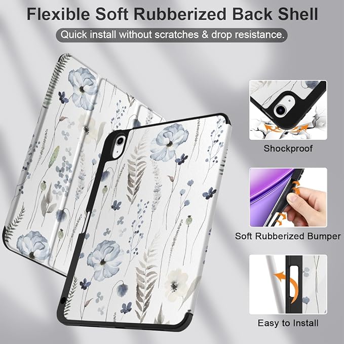 DONGKE for iPad Air 11 Inch Case M4 2026 / M3 2025 / M2 2024 &amp iPad Air 5th 2022 / 4th Gen 2020 10.9 Inch Ultra Thin Soft TPU Back Cover with Pencil Holder Support Auto Wake/Sleep Blue Flowers