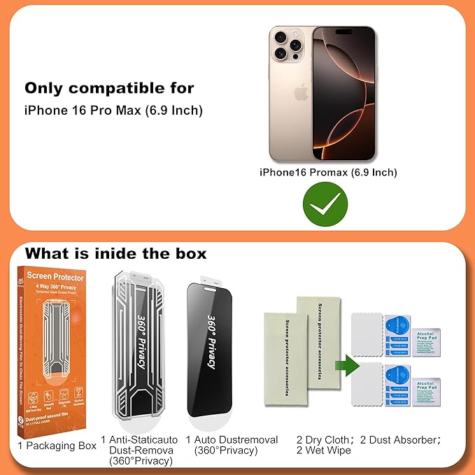 360° 4 Way Privacy Screen Protector for iPhone 16 Pro Max [2 Pack] Anti-Spy Tempered Glass 9H Hardness Shatterproof 3D Curved Edges Case-Friendly Bubble-Free Easy Installation