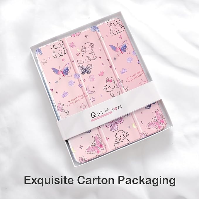 Cute Kawaii Puppy Butterfly for iPad (A16) 11th Gen Case 11 Inch 2025 for iPad 10th Gen Case 10.9 Inch 2022 with Pencil Holder Auto Sleep/Wake Pink Leather Clear Acrylic Back Cover