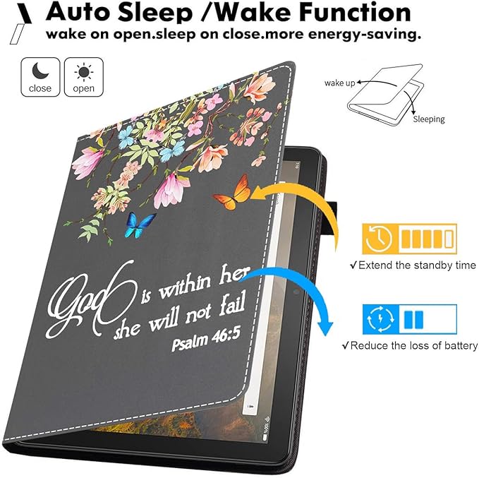 Case for Amazon Kindle Fire HD 10 Tablet (10.1 Inch 9th/7th Generation 2019/2017 Release) Premium PU Leather Stand Cover with Auto Wake Sleep Floral Quote Bible Verse Psalm 46:5