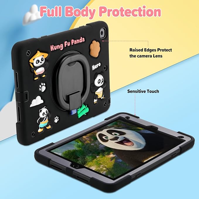 Case for iPad 9th/8th/7th Generation iPad 10.2 Inch 2021/2020/2019 Funny Cartoon Silicone 3D Panda Design Kids Case Heavy Duty Protection with Stand/Pencil Holder/Shoulder Strap